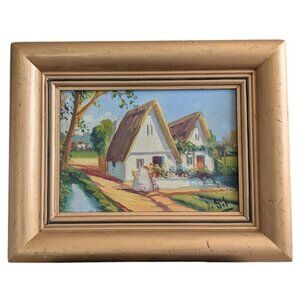 Charming Countryside Cottage Painting in Gold Frame